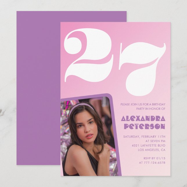 Pink 27th birthday invitations Retro Photo (Front/Back)
