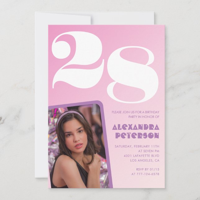 Pink 28th birthday invitations Retro Photo (Front)