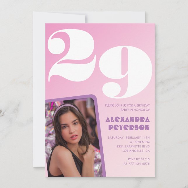 Pink 29th birthday invitations Retro Photo (Front)