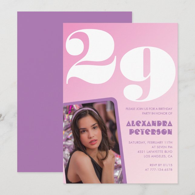 Pink 29th birthday invitations Retro Photo (Front/Back)