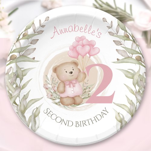 Pink 2nd Birthday Cute Teddy Bear Paper Plates