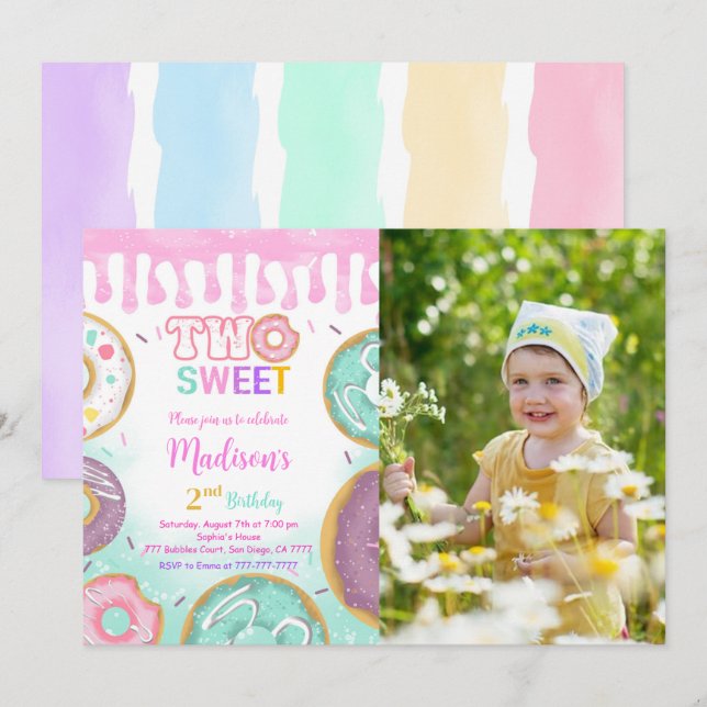 Pink 2nd Birthday Donut Party Photo Invitation (Front/Back)