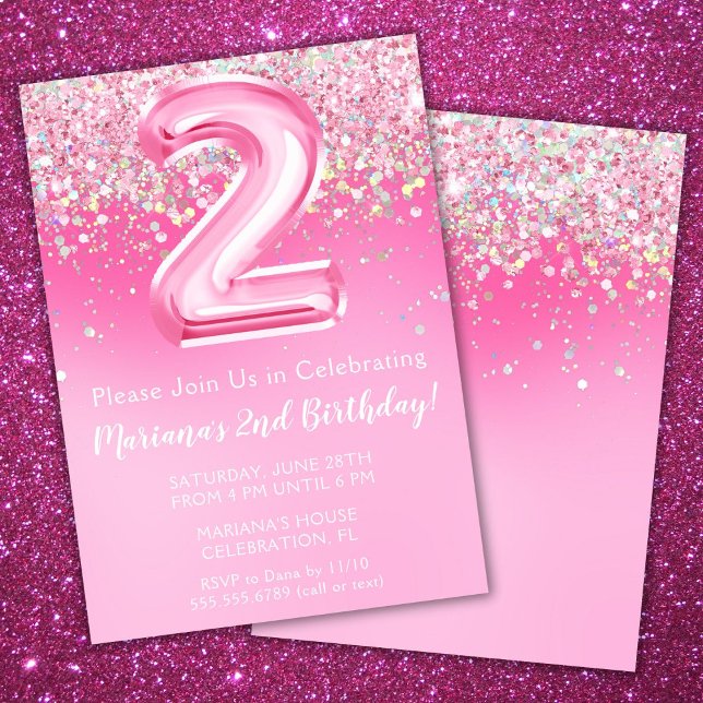 Pink 2nd Birthday Invitation Girly Pink Glitter (Creator Uploaded)
