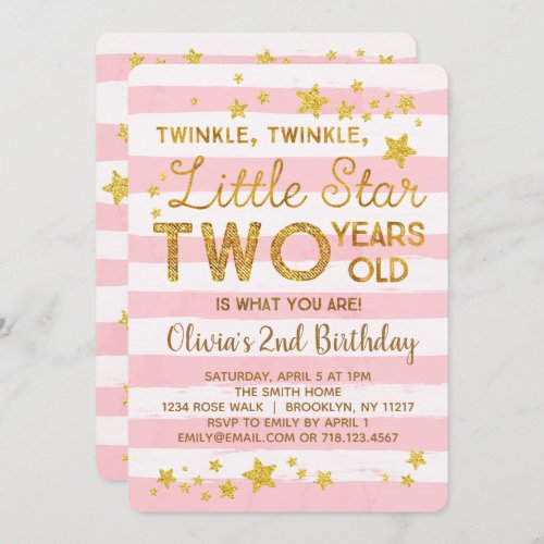 Pink 2nd Birthday Invitation Twinkle Little Star