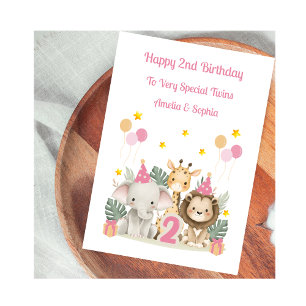 Pink 2nd Birthday Safari Animals Birthday Card