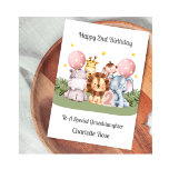 Pink 2nd Birthday Safari Leaf Animals Card<br><div class="desc">This girl watercolour 2nd birthday card is suitable for twins or a single child. The design includes stars,  a birthday number 2 in pink,  two balloons,  and five safari animals (hippo,  giraffe,  lion,  monkey and elephant). The child's name has been included on the front of the card.</div>