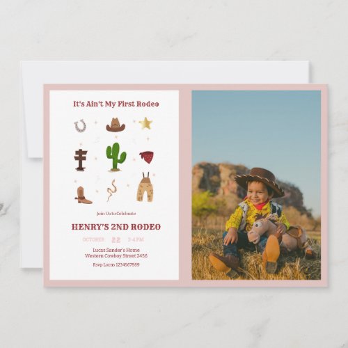 Pink 2nd Rodeo Cowboy Kids Birthday Photo Invitation