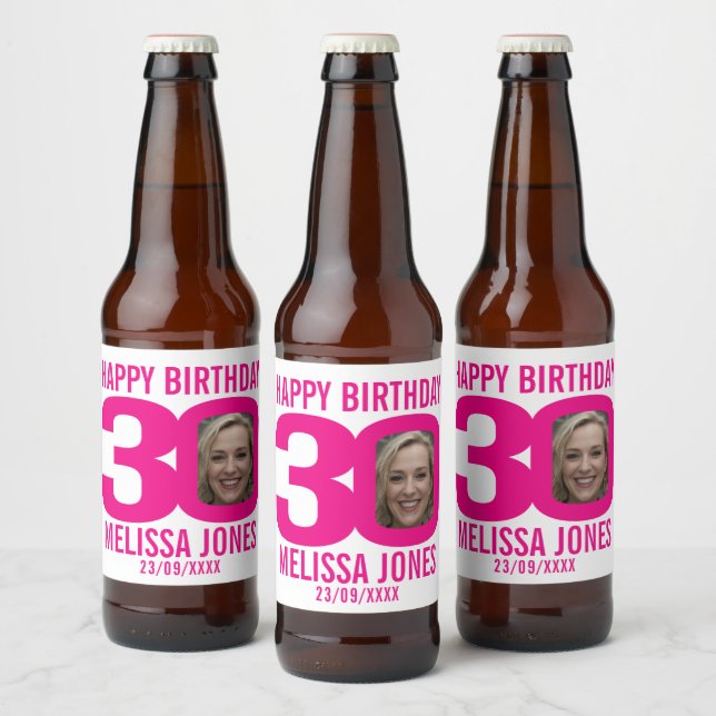 Pink 30th Birthday custom photo name label (Bottles)