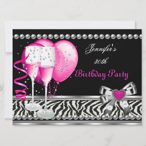Pink 30th Birthday Party Zebra Black Champagne Custom Invites