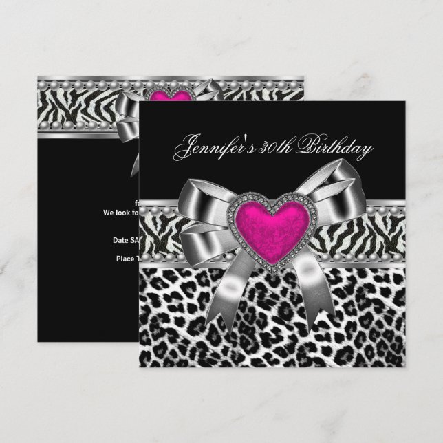 Pink 30th Birthday Party Zebra Black Leopard Invitation (Front/Back)