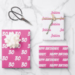 PINK 30th Happy Birthday Custom Name Wrapping Paper Sheets<br><div class="desc">Customize this 30th Birthday Gift Wrap set of 3 with Age, Name, and the Happy Birthday Message. These Pink and White Sheets can accent your 30 year old themed Party Table Decor for her. The Template fields can be edited on the product page for specialized party supplies for the Woman...</div>