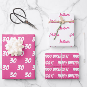 PINK 30th Happy Birthday Custom Name Wrapping Paper Sheets