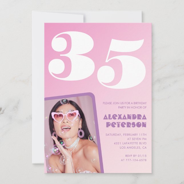 Pink 35th birthday invitations Retro Photo (Front)
