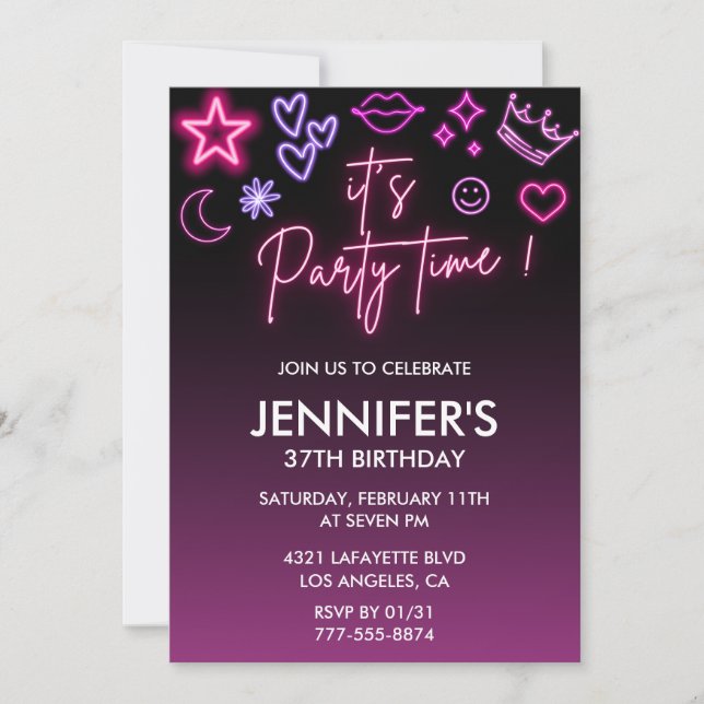 Pink 37th birthday invitations for her Modern Neon (Front)
