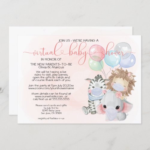 Pink 3 Cute Animals in Masks Virtual Baby Shower Invitation