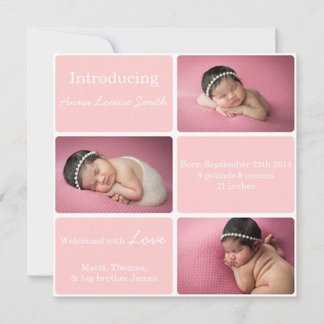 Pink 3 Photo Birth Announcement (Front)