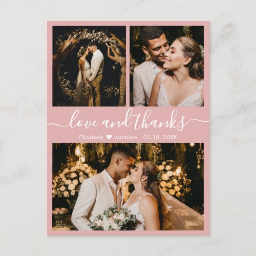 Pink 3 Photo Collage Wedding Thank You Postcard