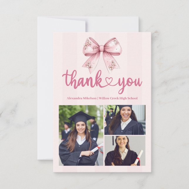 Pink 3 Photos Blush Bow Graduation Party Thank You Card (Front)