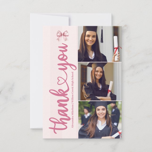 Pink 3 Photos Blush Bow Graduation Party Thank You Card (Front)