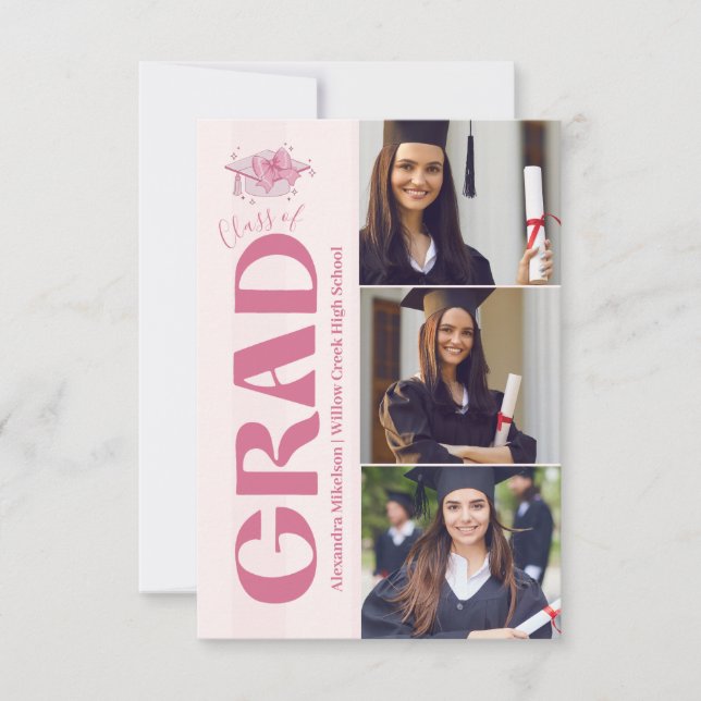 Pink 3 Photos Coquette  Bow Graduation Announcement (Front)