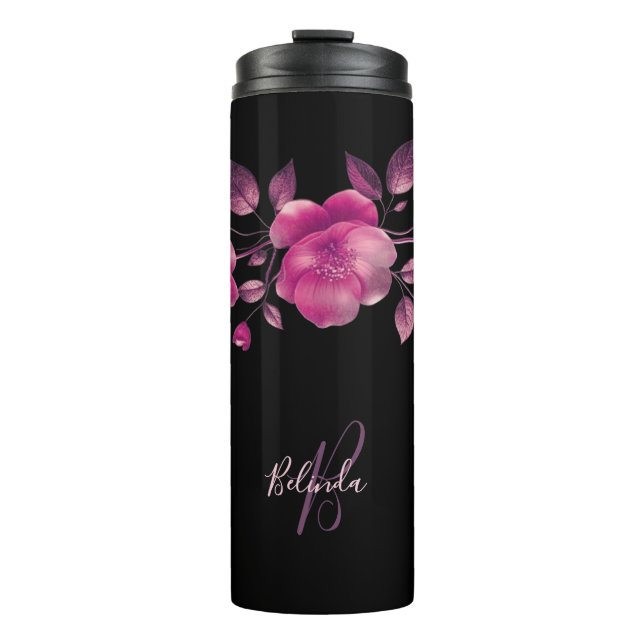 Pink 3D Cherry Blossoms Black Name Monogram   Thermal Tumbler (Front)