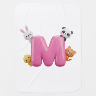 Pink 3D Letter M Baby Sherpa Blanket with Animals