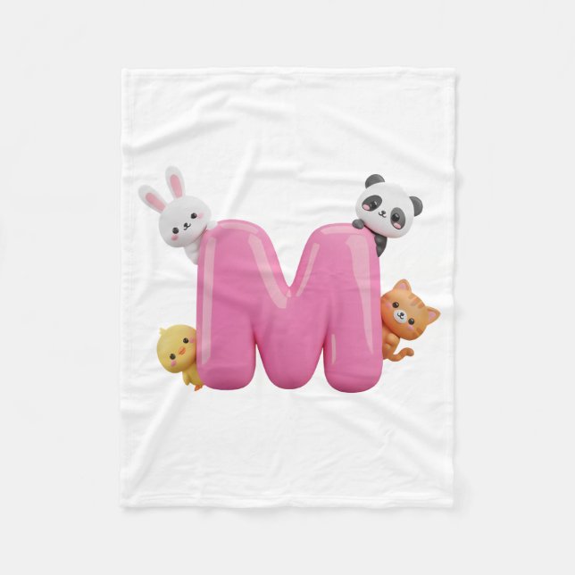 Pink 3D Letter M Fleece Baby Blanket with Animals (Front)