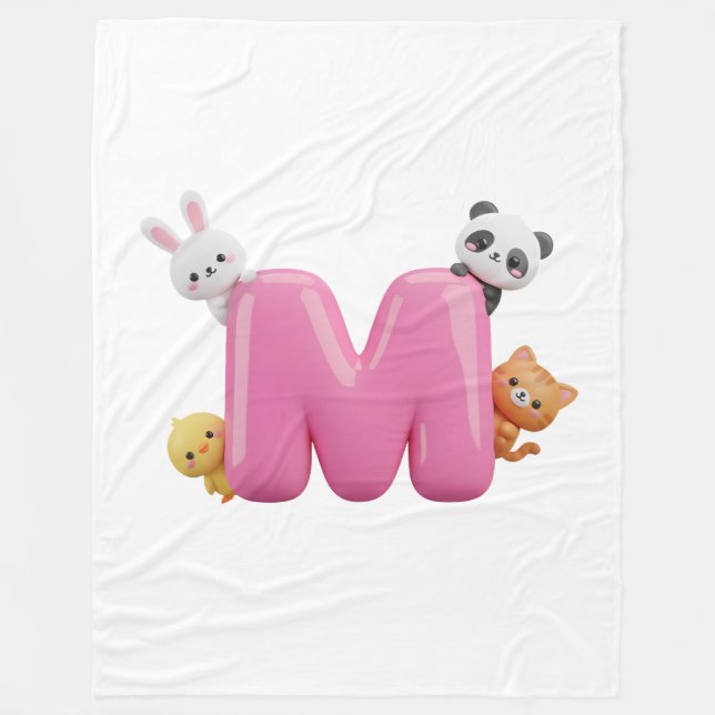 Pink 3D Letter M Fleece Throw Blanket with Animals (Front)