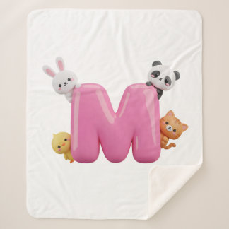 Pink 3D Letter M Medium Sherpa Blanket with Animal