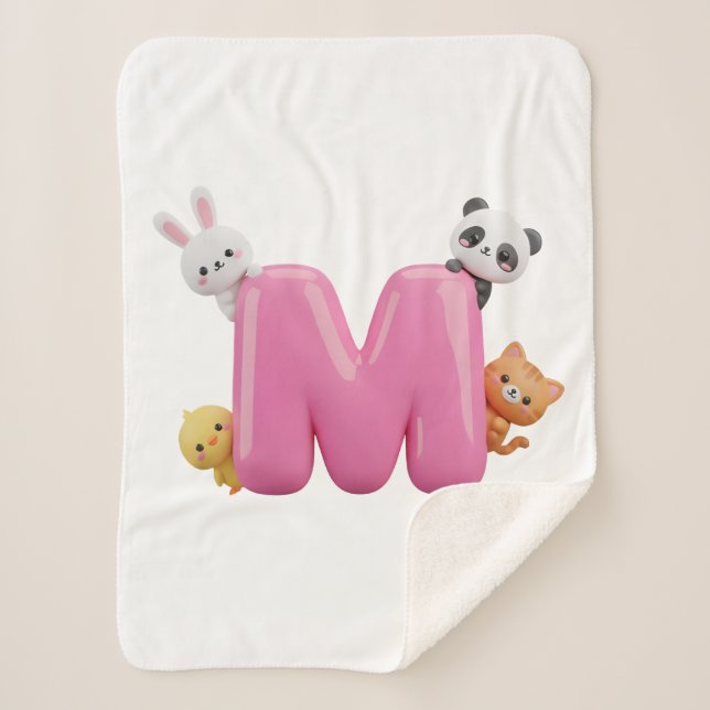 Pink 3D Letter M Small Sherpa Blanket with Animals (Front)