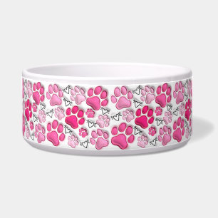 Pink 3D Paw Prints and Hearts Cat Dog Water Food Bowl