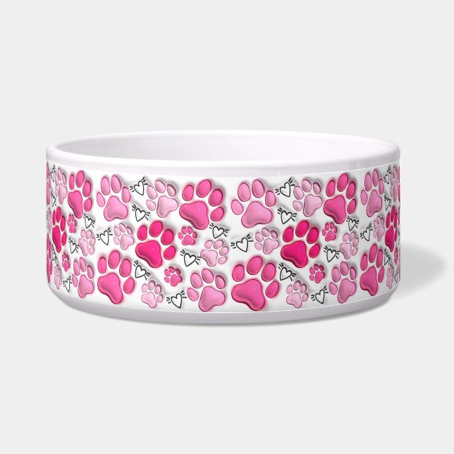 Pink 3D Paw Prints and Hearts Cat Dog Water Food  Bowl (Front)