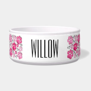 Pink 3D Paw Prints and Hearts Dog Water Food Bowl