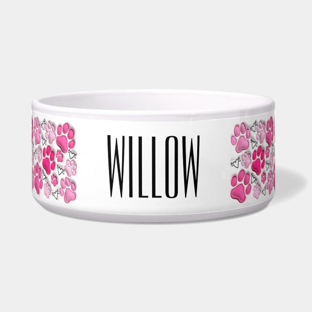 Pink 3D Paw Prints and Hearts Dog Water Food Bowl (Front)