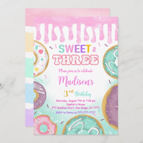 Pink 3rd Birthday Donut Party Invitation