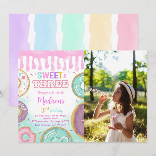 Pink 3rd Birthday Donut Party Photo Invitation (Front/Back)