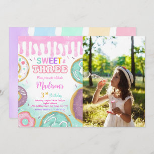 Pink 3rd Birthday Donut Party Photo Invitation
