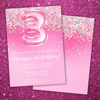Pink 3rd Birthday Invitation Girly Pink Glitter