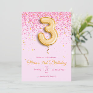 Pink 3rd Birthday Invitation Glitter girl Birthday