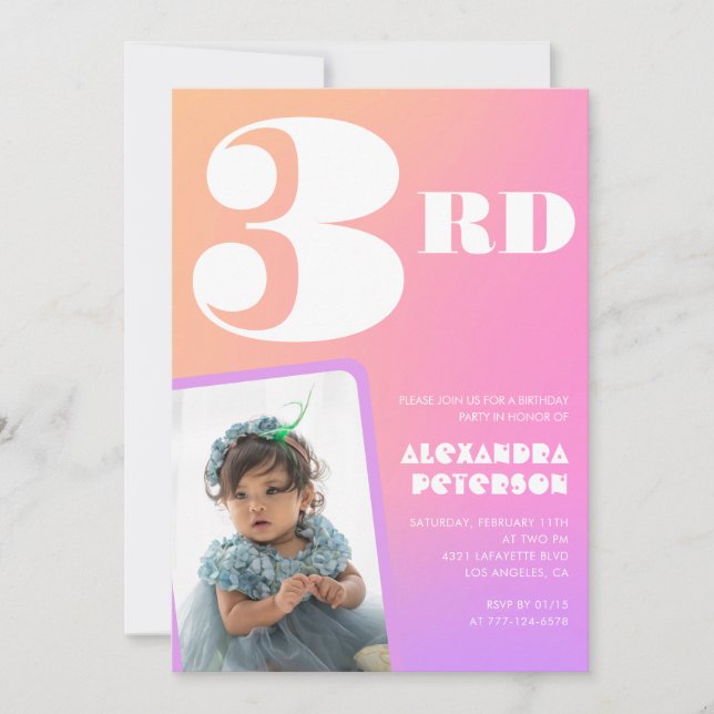 Pink 3rd birthday invitations Colorful Photo (Front)
