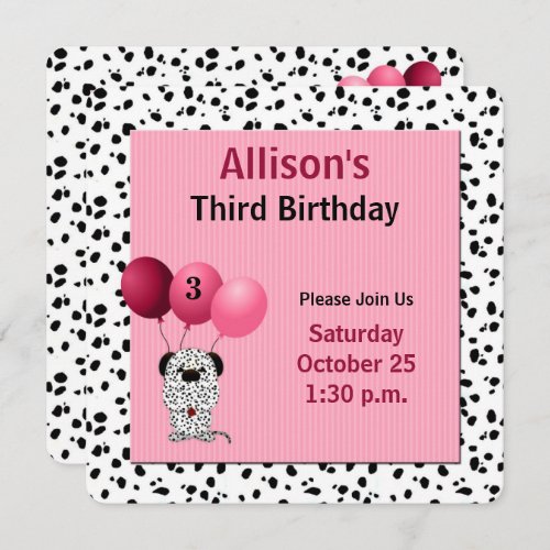 Pink 3rd Birthday Party with Dalmatians Invitation