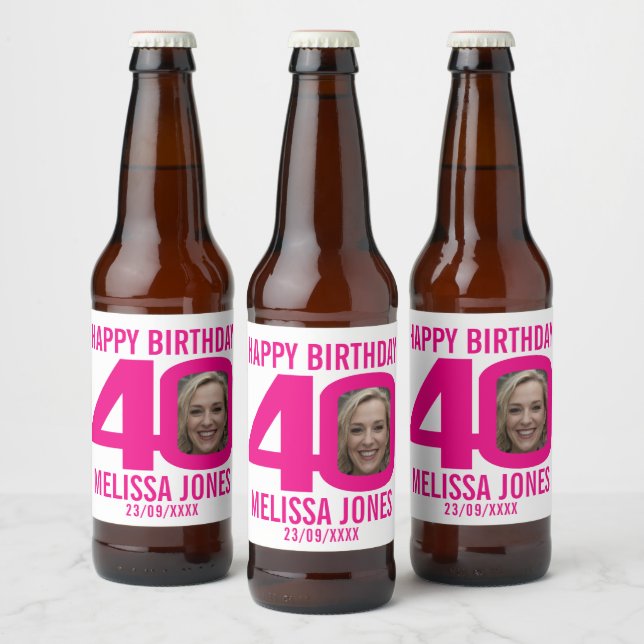 Pink 40th Birthday custom photo name label (Bottles)