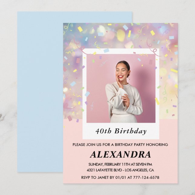 Pink 40th birthday invitations Confetti Photo  (Front/Back)