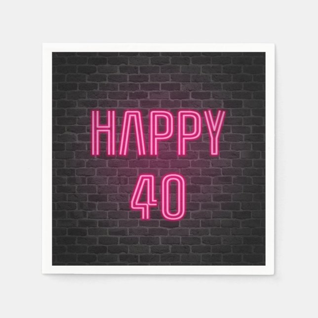 Pink 40th Birthday neon sign on brick wall Napkins (Front)