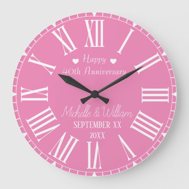 Pink 40th Wedding Anniversary Personalized Large Clock (Front)