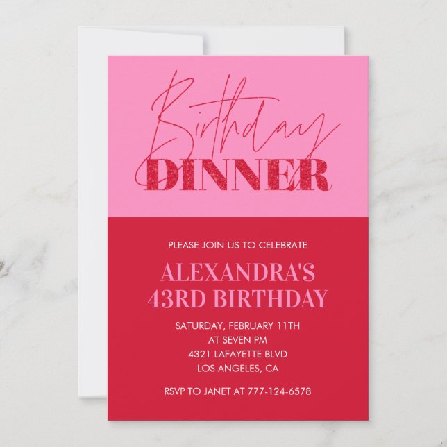 Pink 43rd birthday invitations Birthday Dinner (Front)