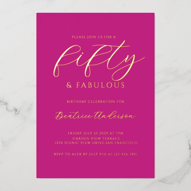 Pink 50 and Fabulous Birthday Gold Foil Invitation (Front)