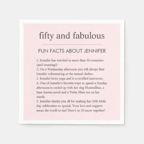 Pink 50 and Fabulous Birthday Party Fun Facts Napkins