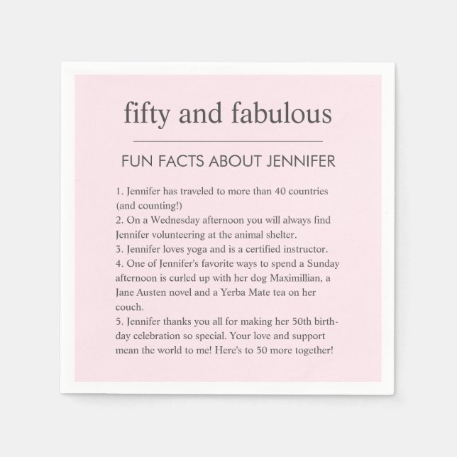 Pink 50 and Fabulous Birthday Party Fun Facts Napkins (Front)