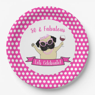 Pink 50 and Fabulous Cute Pug Dog Funny Birthday Paper Plates